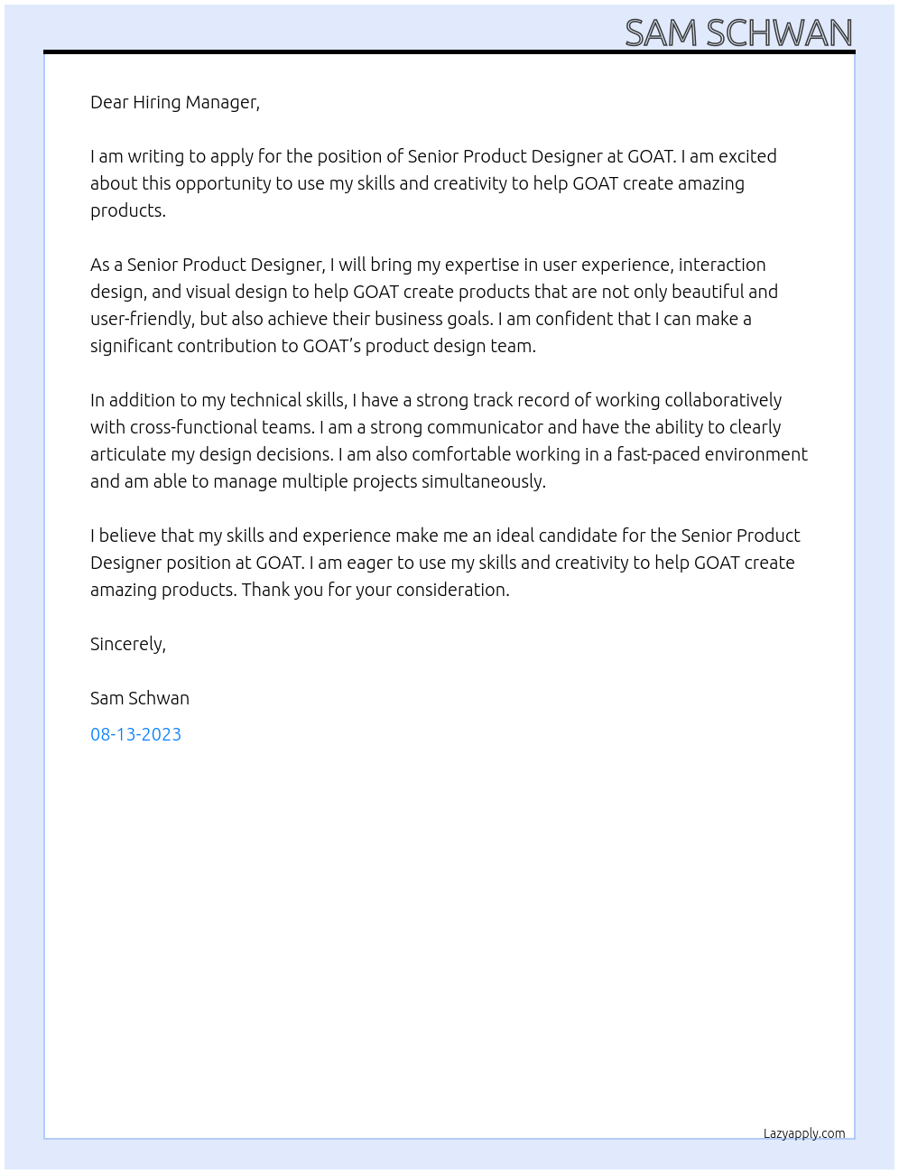 Senior Product Designer At GOAT Cover Letter