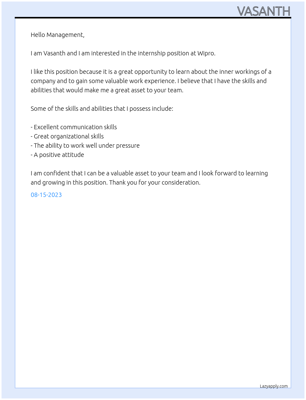 Intership At Wipro Cover Letter