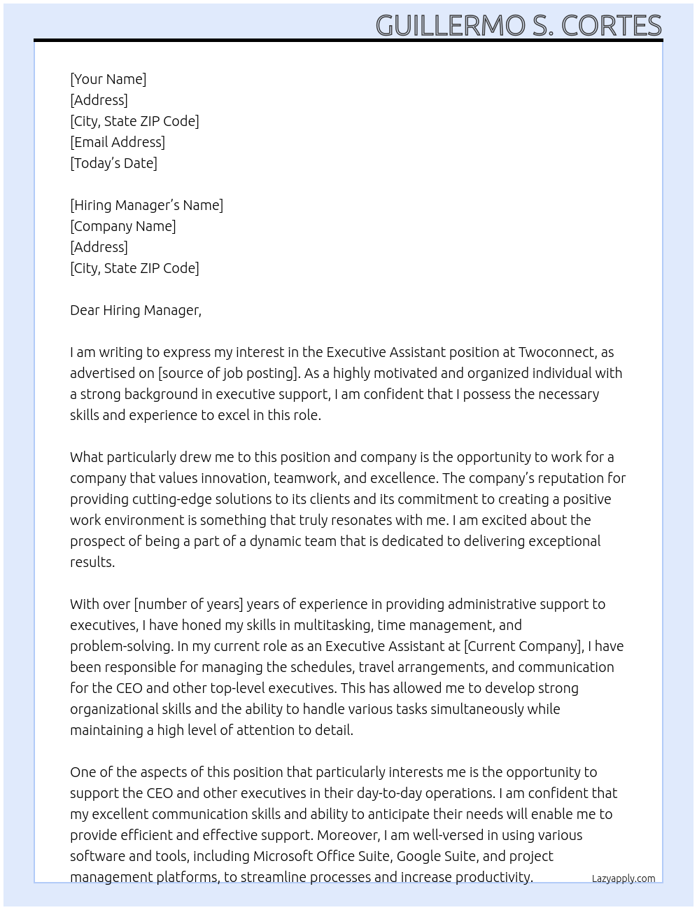 Executive Assitant At Twoconnect Cover Letter