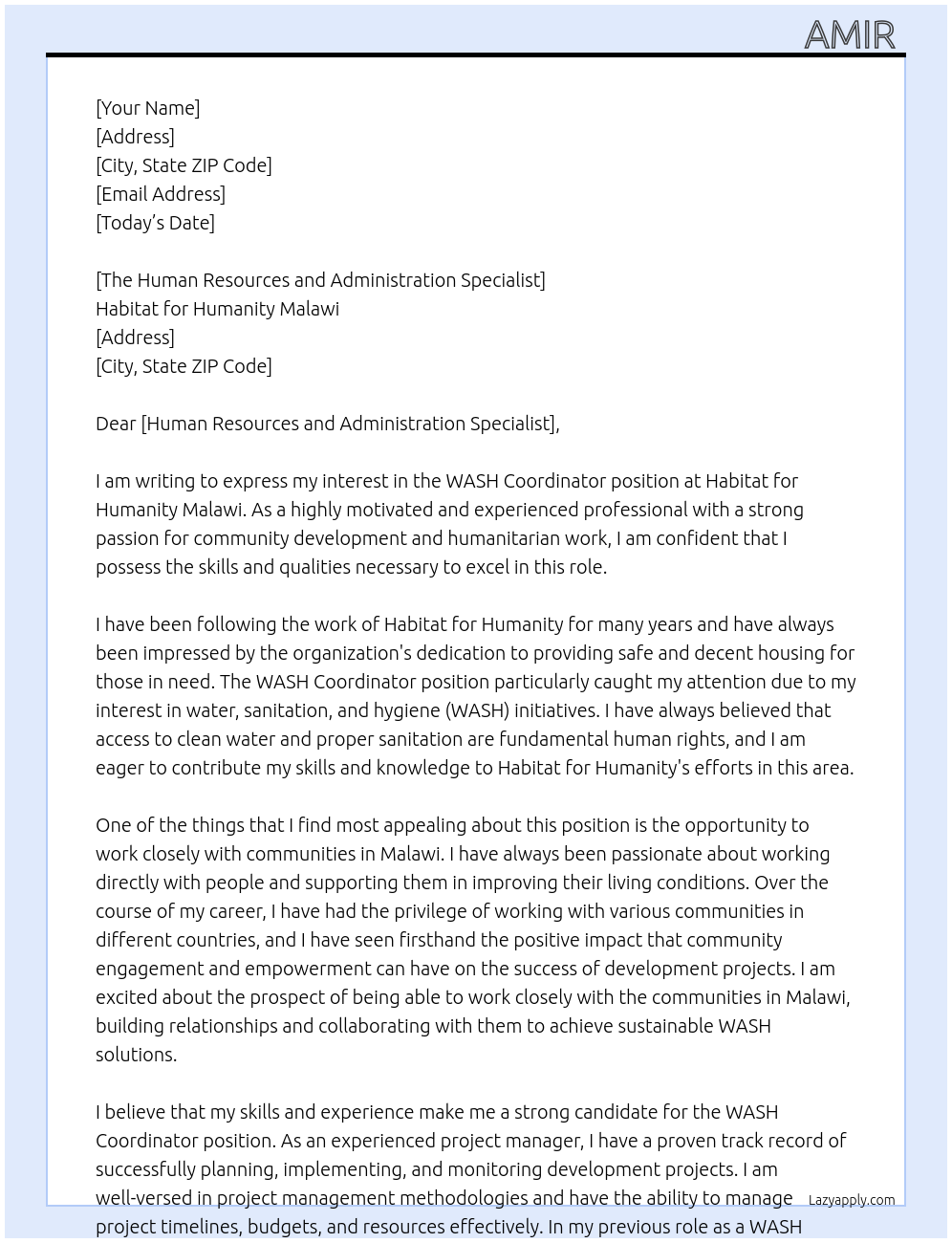 WASH COORDINATOR At Habitat for Humanity Malawi Cover Letter