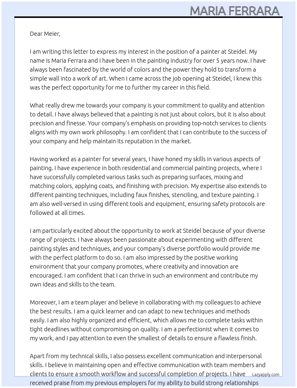 painter At steidel Cover Letter