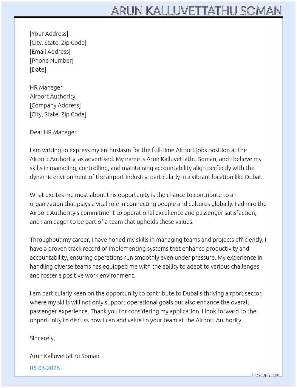 Airport jobs  At Airport authority  Cover Letter