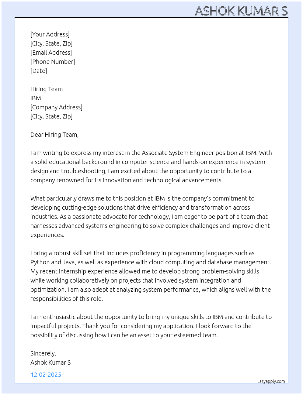 Associate System Engineer At IBM Cover Letter