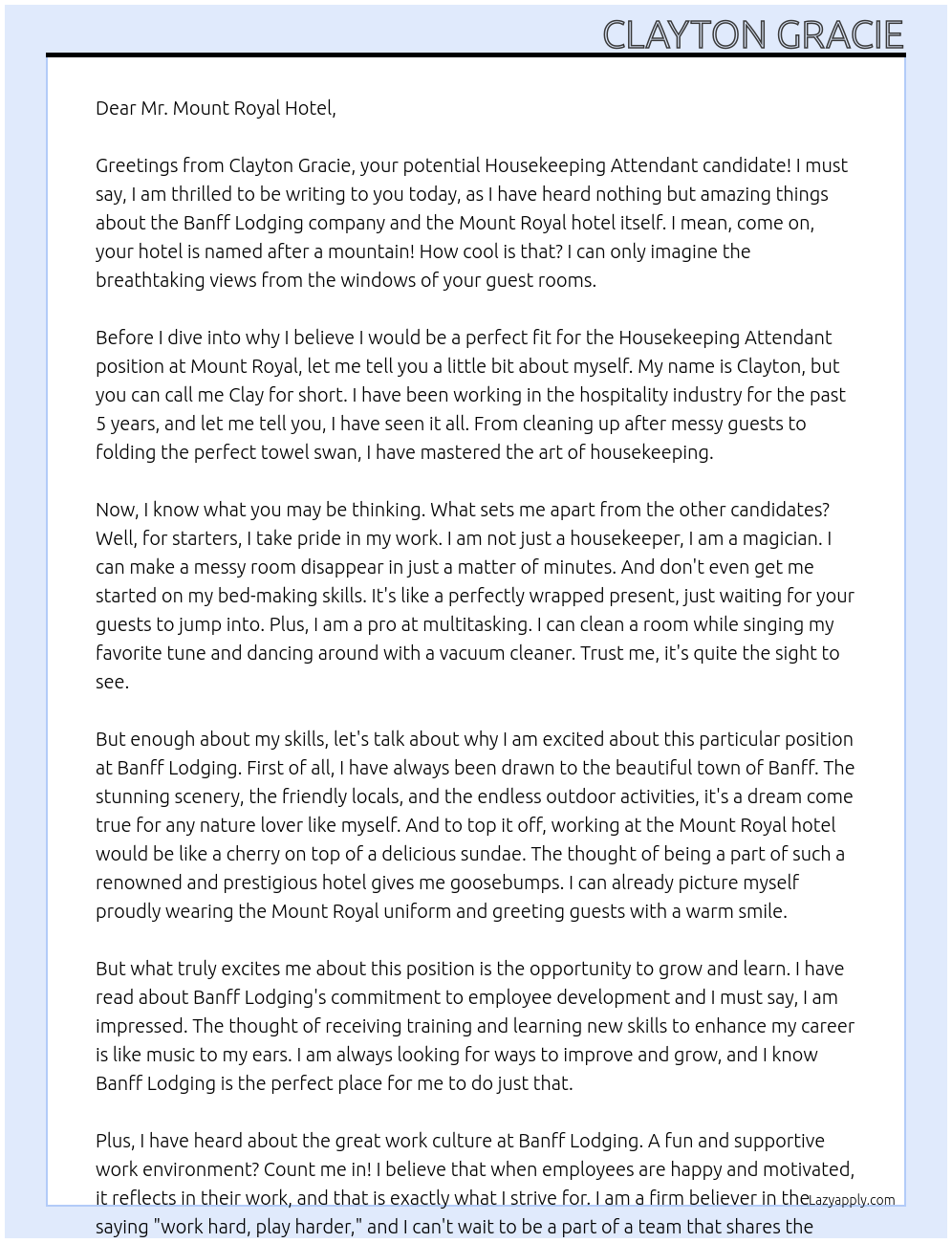 Housekeeping Attendant At Banff Lodging Cover Letter