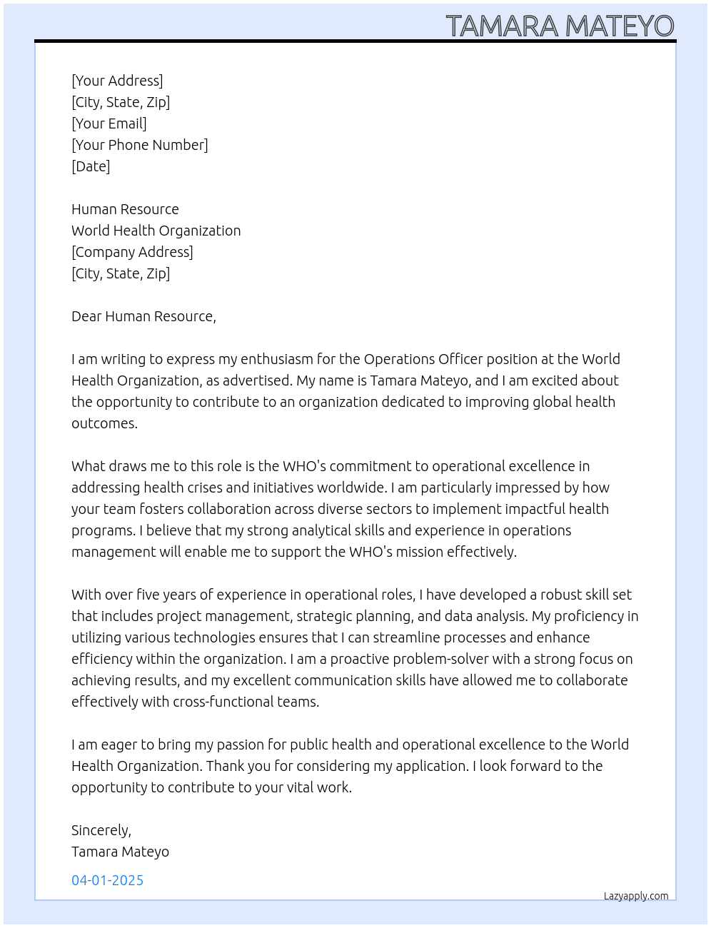 Operations Officer At World Health Organization Cover Letter