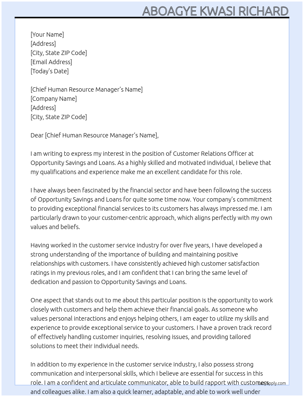 Customer relations officer At Opportunity savings and loans Cover Letter