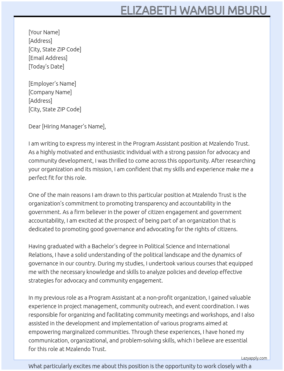 Program Assistant  At Mzalendo Trust Cover Letter