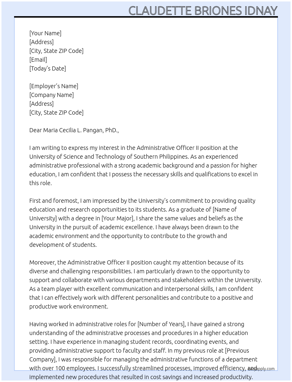 Administrative Officer II At University of Science and Technology of Southern Philippines Cover Letter