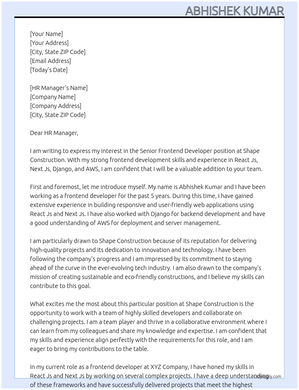 Senior Frontend Developer At Shape Construction Cover Letter