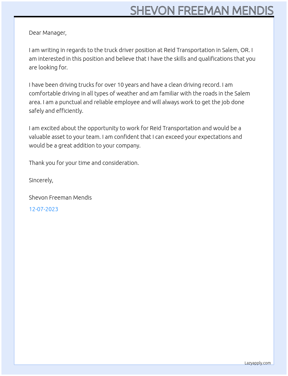 truck driver At Reid Transportation - Salem, OR Cover Letter