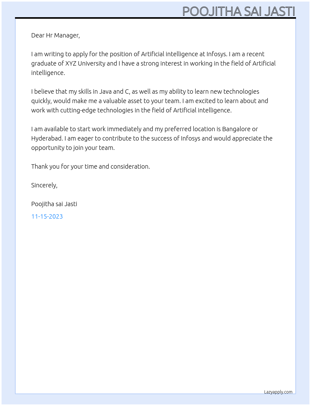 Artificial intelligence At Infosys Cover Letter