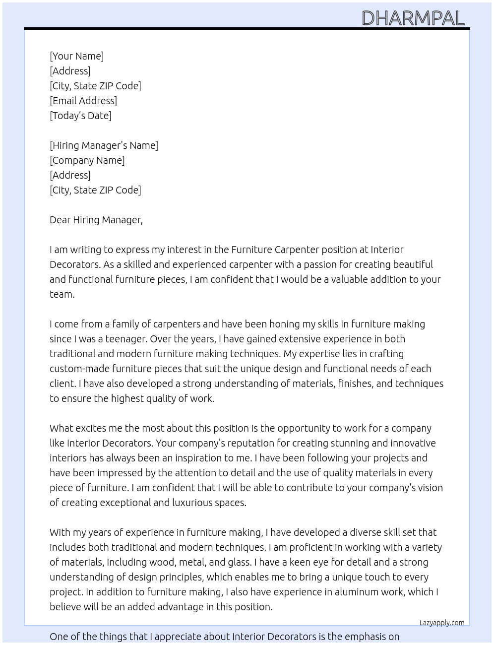 Furniture carpenter  At Interior decoretors  Cover Letter