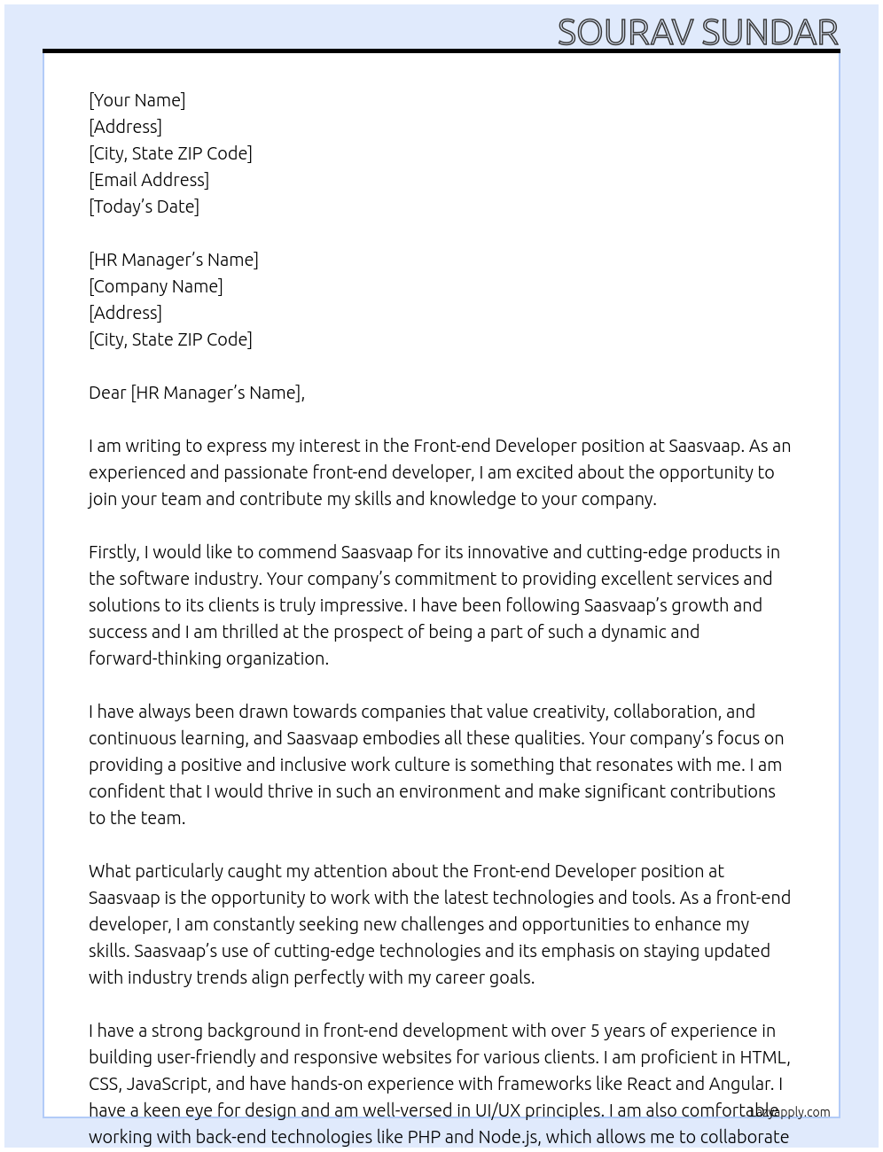 Front end developer At Saasvaap Cover Letter