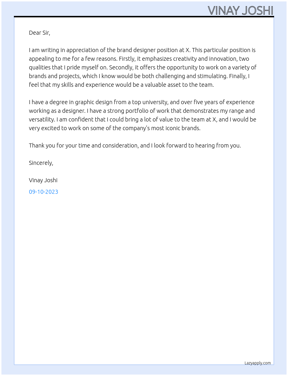 Brand designer At X Cover Letter