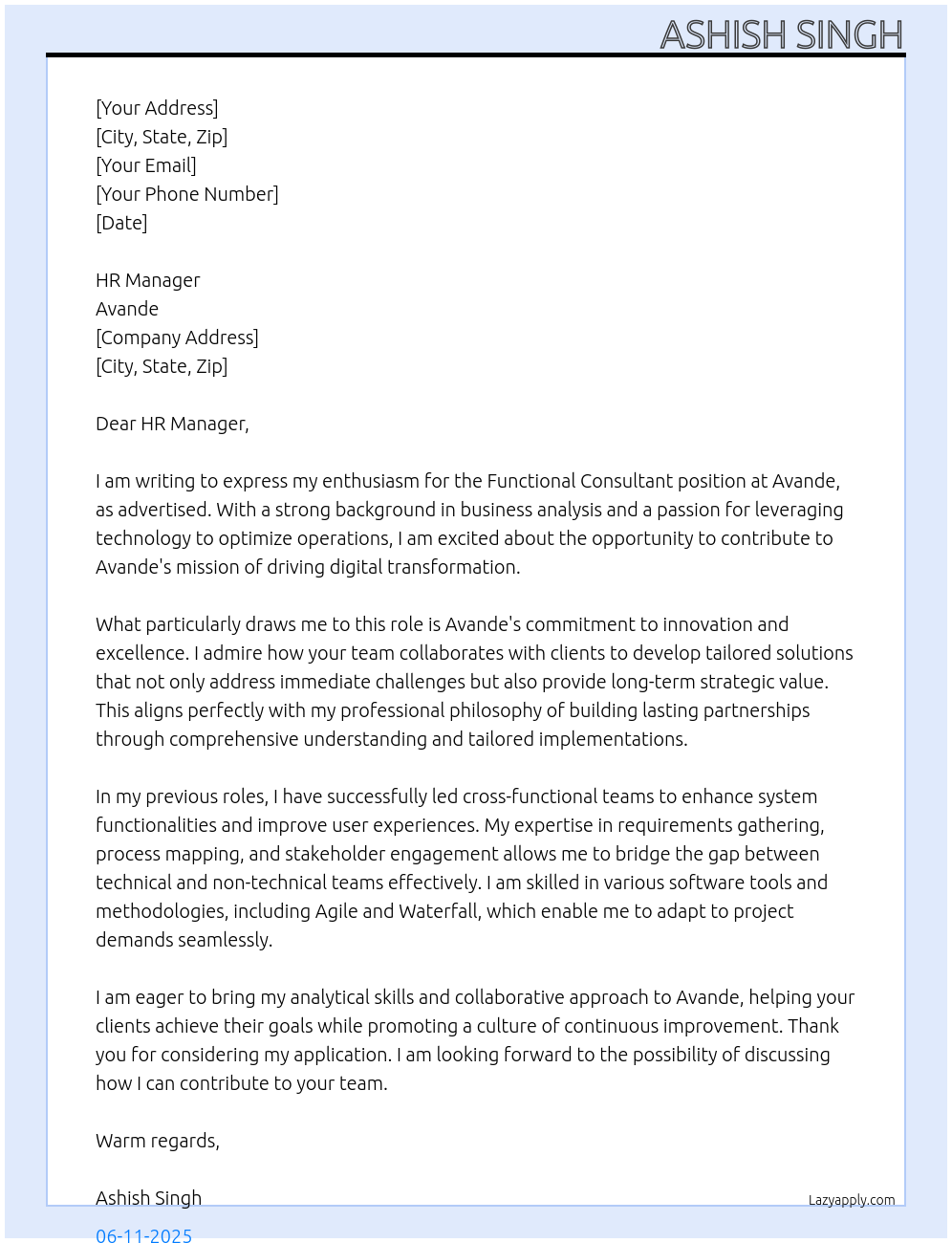 Cover letter for functional consultant - LazyApply