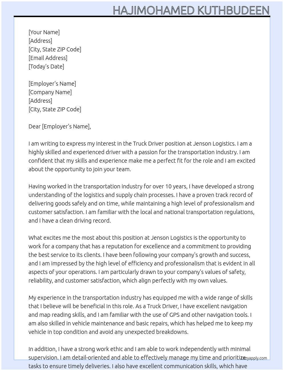 TRUCK DRIVER At JENSON LOGISTICS Cover Letter