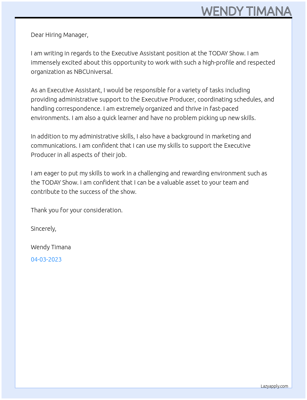 Executive Assistant, TODAY Show At NBCUniversal Cover Letter