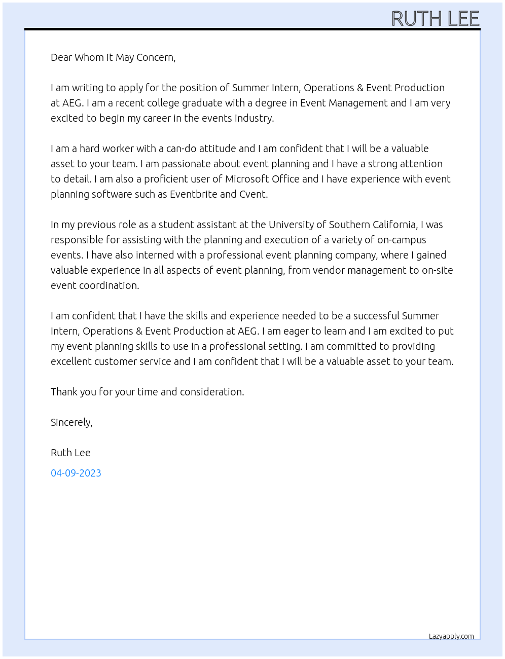 Summer Intern, Operations & Event Production  At AEG Cover Letter