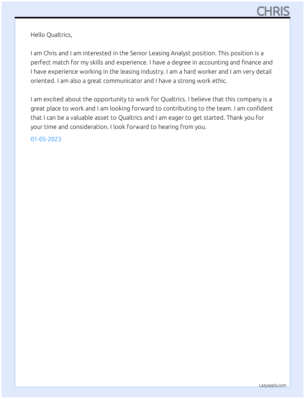 Senior Leasing Analyst At Qualtrics Cover Letter