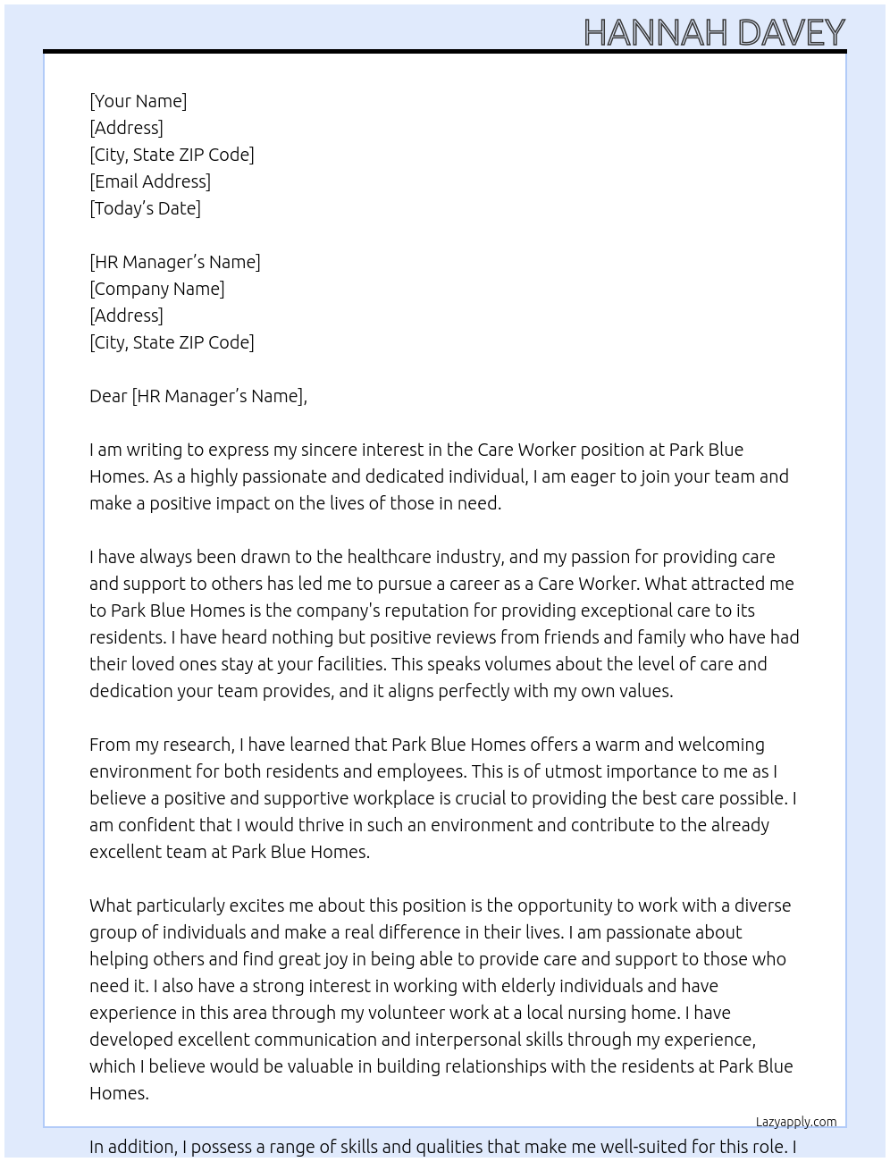 Care worker  At Park Blue Homes Cover Letter