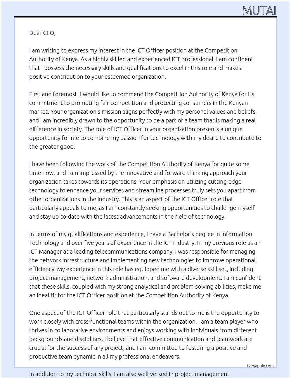 ICT OFFICER At COMPETITION AUTHORITY OF KENYA Cover Letter