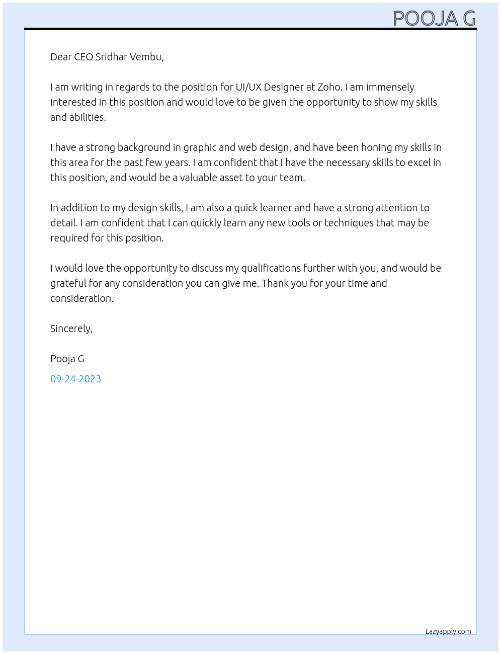 ui/ux At ZOHO Cover Letter