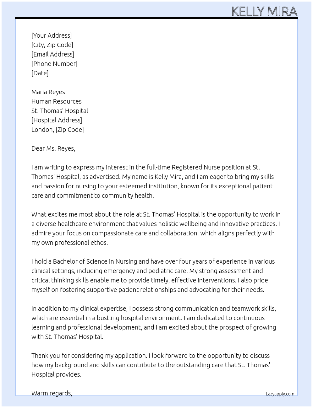 Registered Nurse At St. Thomas' Hospital in London Cover Letter