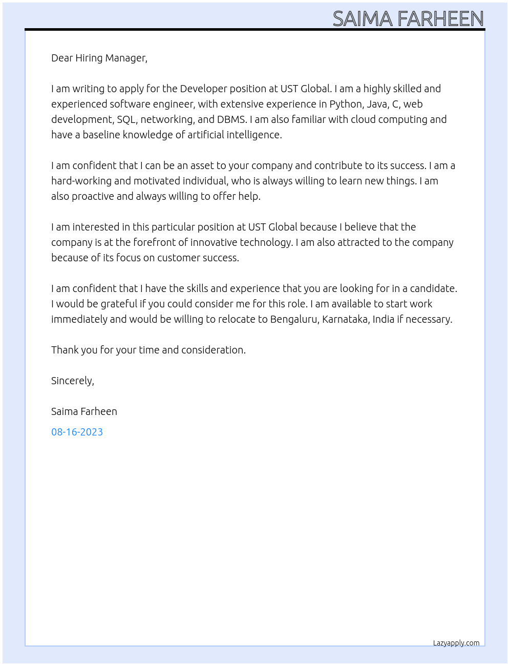 Developer At UST Global Cover Letter