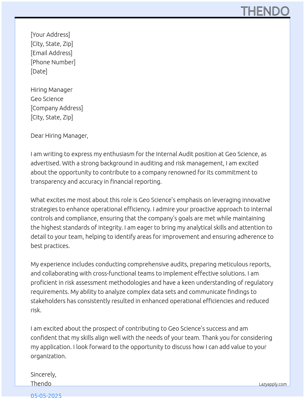 Cover letter for internal audit - LazyApply