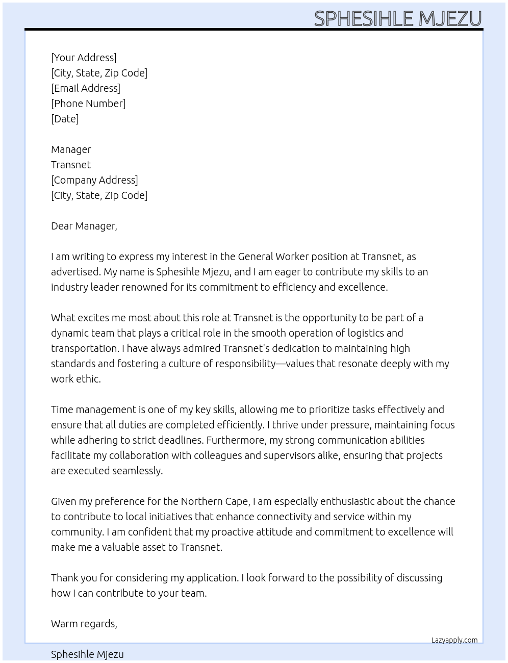 General worker At Transnet Cover Letter