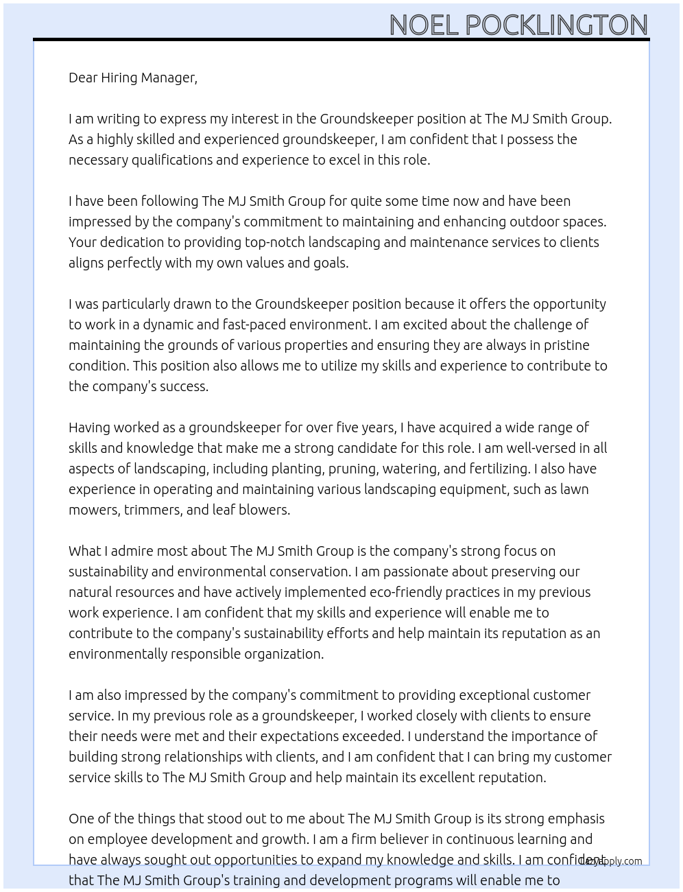 Groundskeeper At The MJ Smith Group Cover Letter