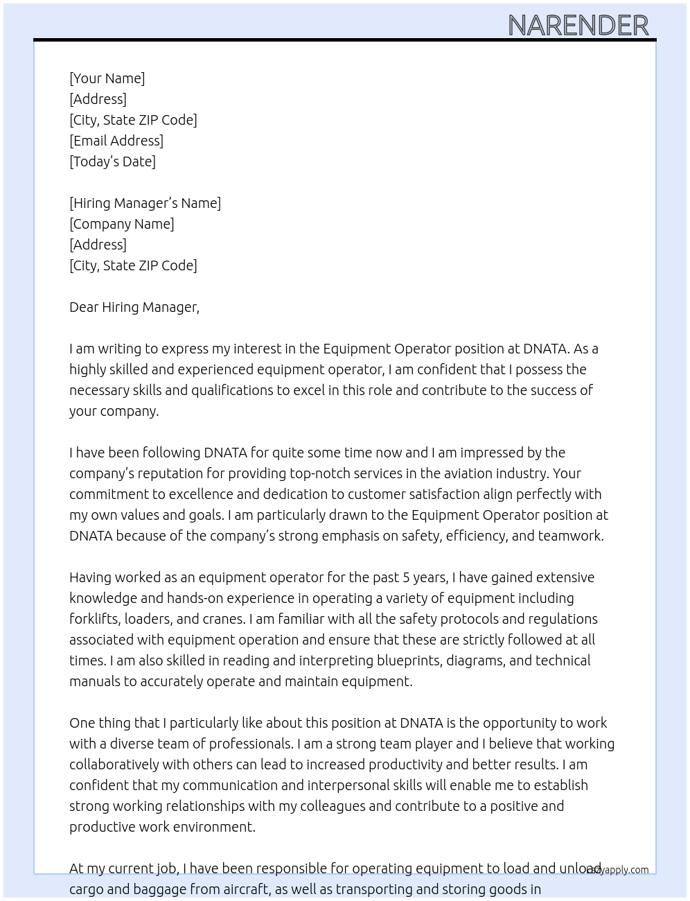 Equipment Operator At DNATA Cover Letter