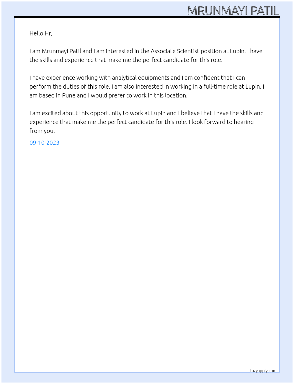 Associate Scientist At Lupin Cover Letter