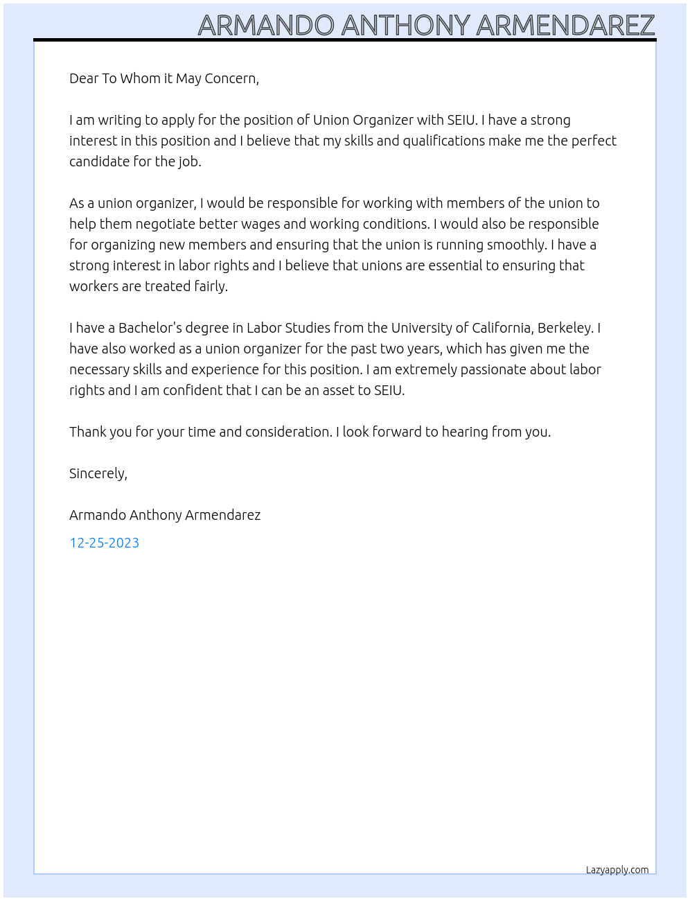 Union Organizer At SEIU Cover Letter