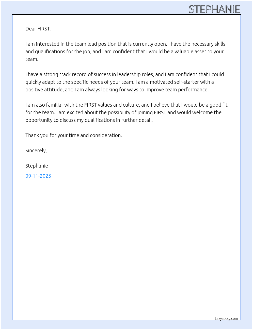 Team Lead At FIRST Cover Letter