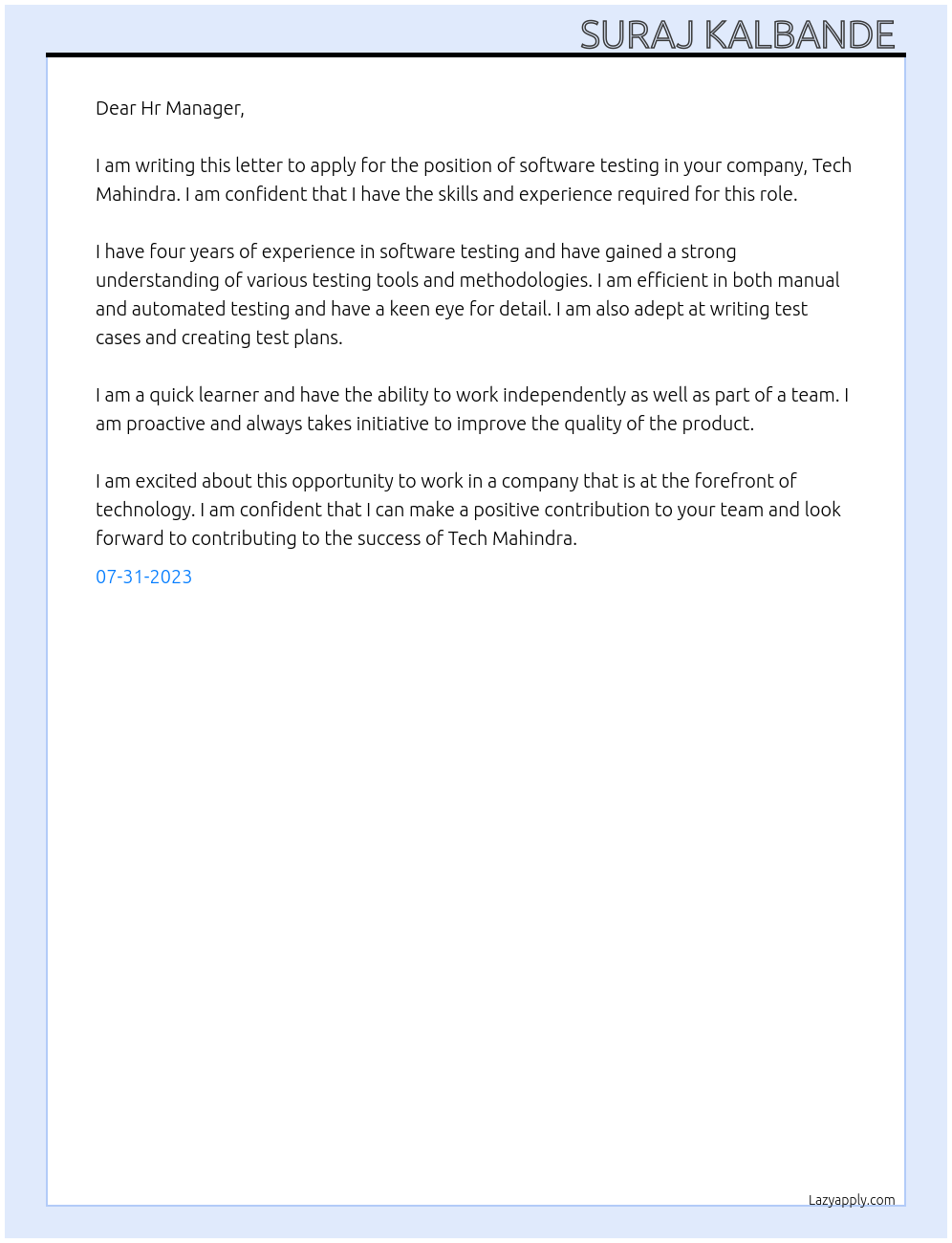 Software testing  At Tech Mahindra  Cover Letter