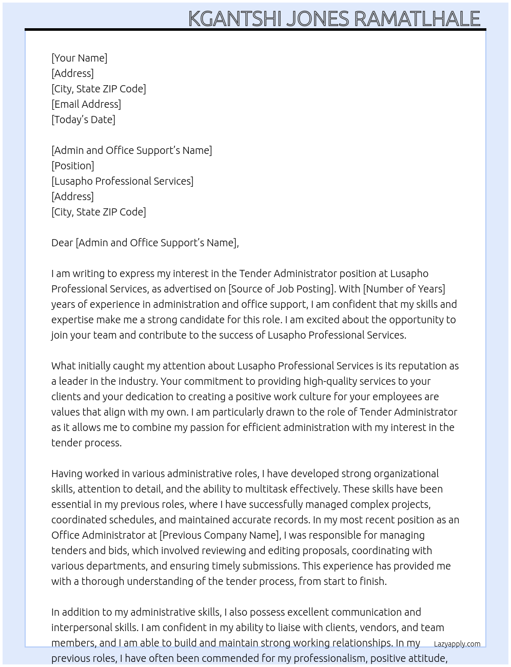 Tender Administrator At Lusapho Professional Services  Cover Letter
