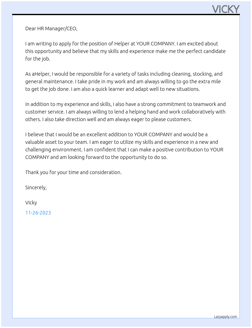 HELPER At YOUR COMPANY Cover Letter