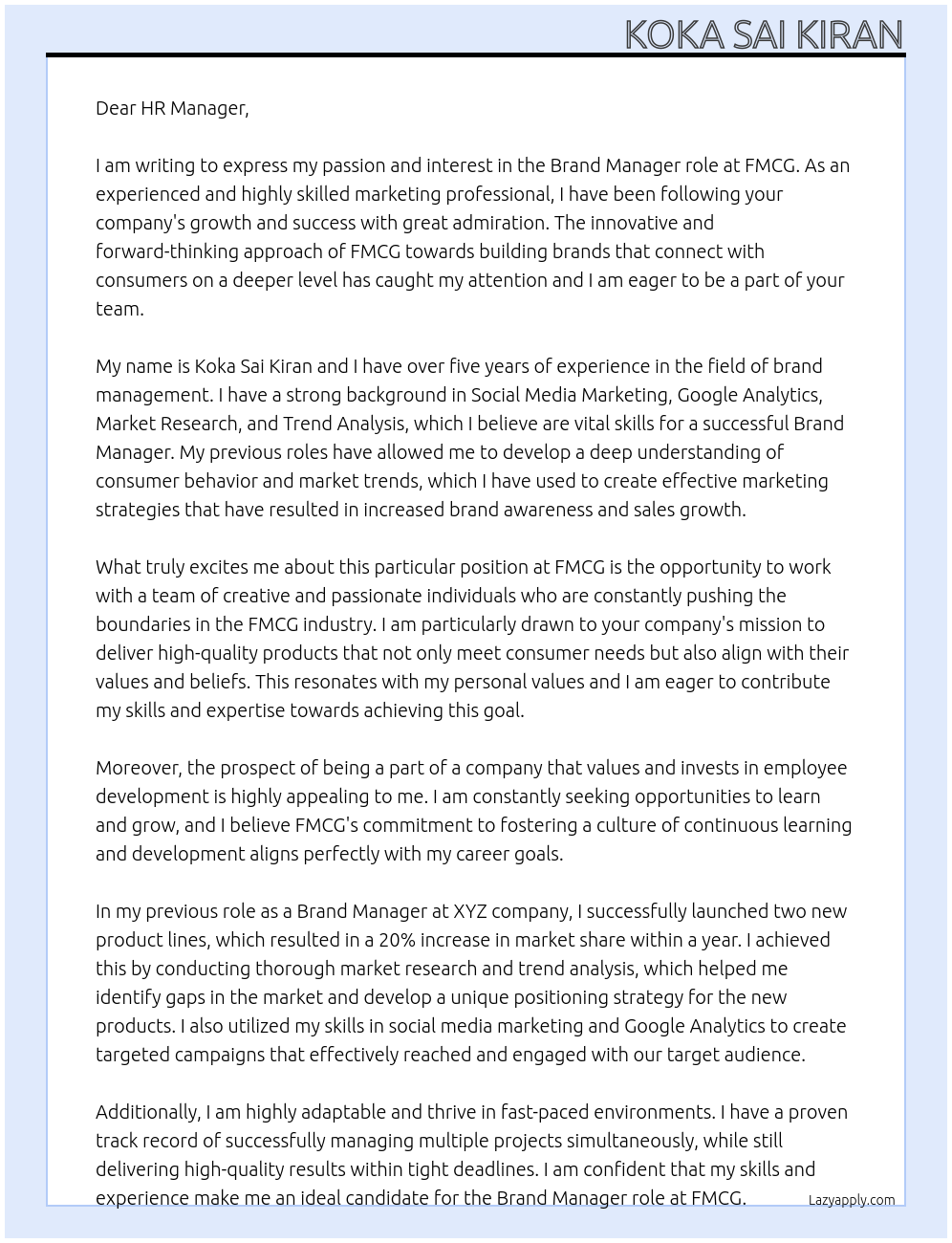 Brand Manager At FMCG Cover Letter