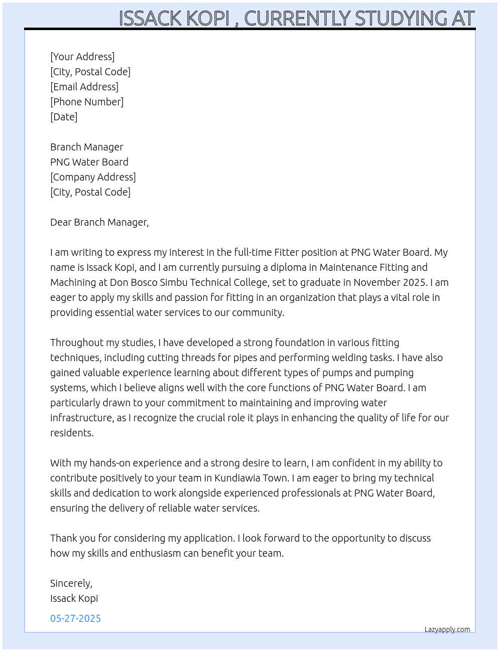 Fitter At PNG Water board ( without advertising) Cover Letter