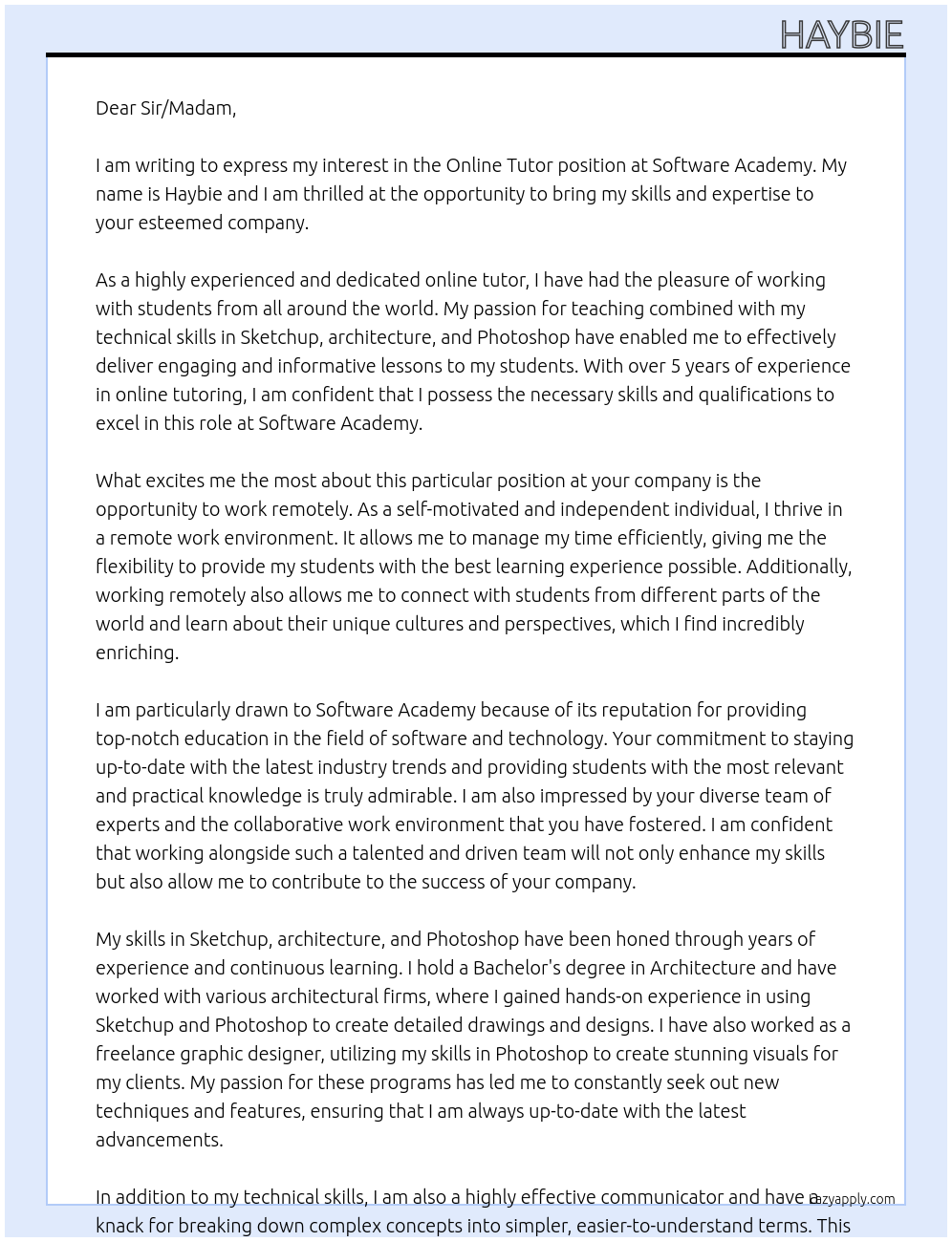 Online Tutor At Software Academy Cover Letter