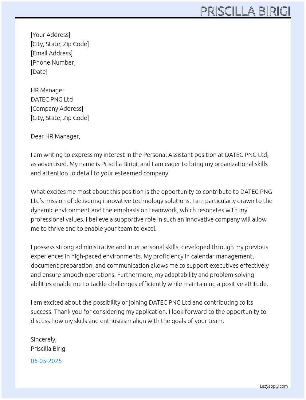 Personal Assistant At DATEC PNG Ltd Cover Letter