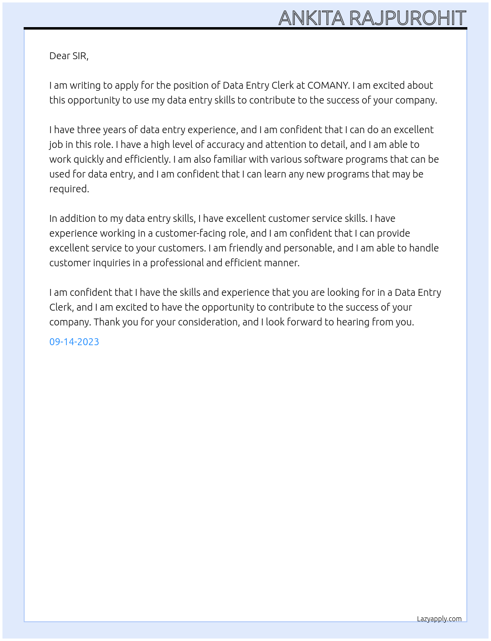 DATA ENTRY CLERK At COMANY Cover Letter