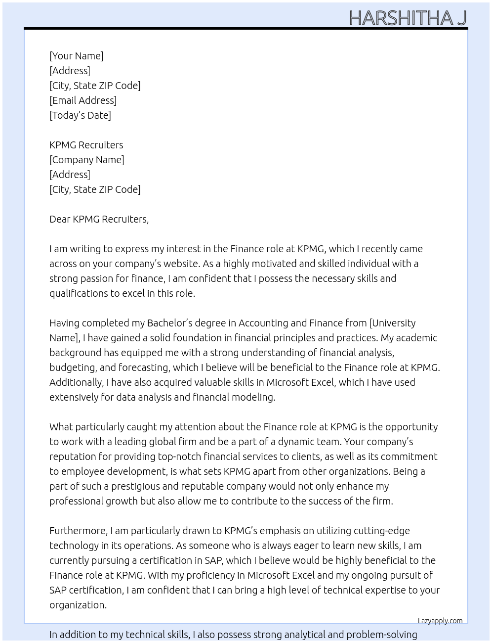Finance role At KPMG Cover Letter
