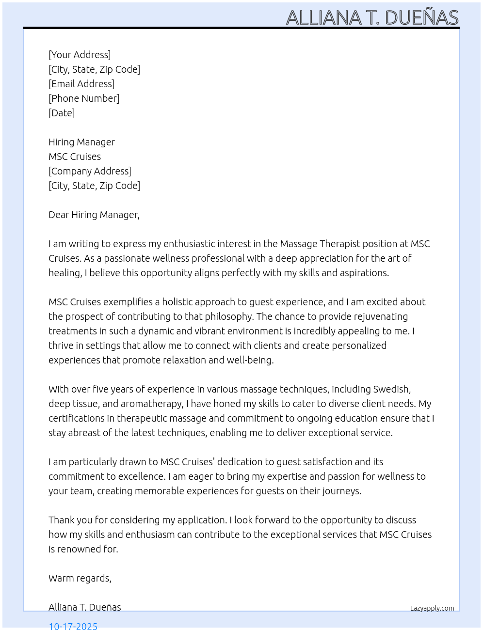 Cover letter for massage therapist - LazyApply