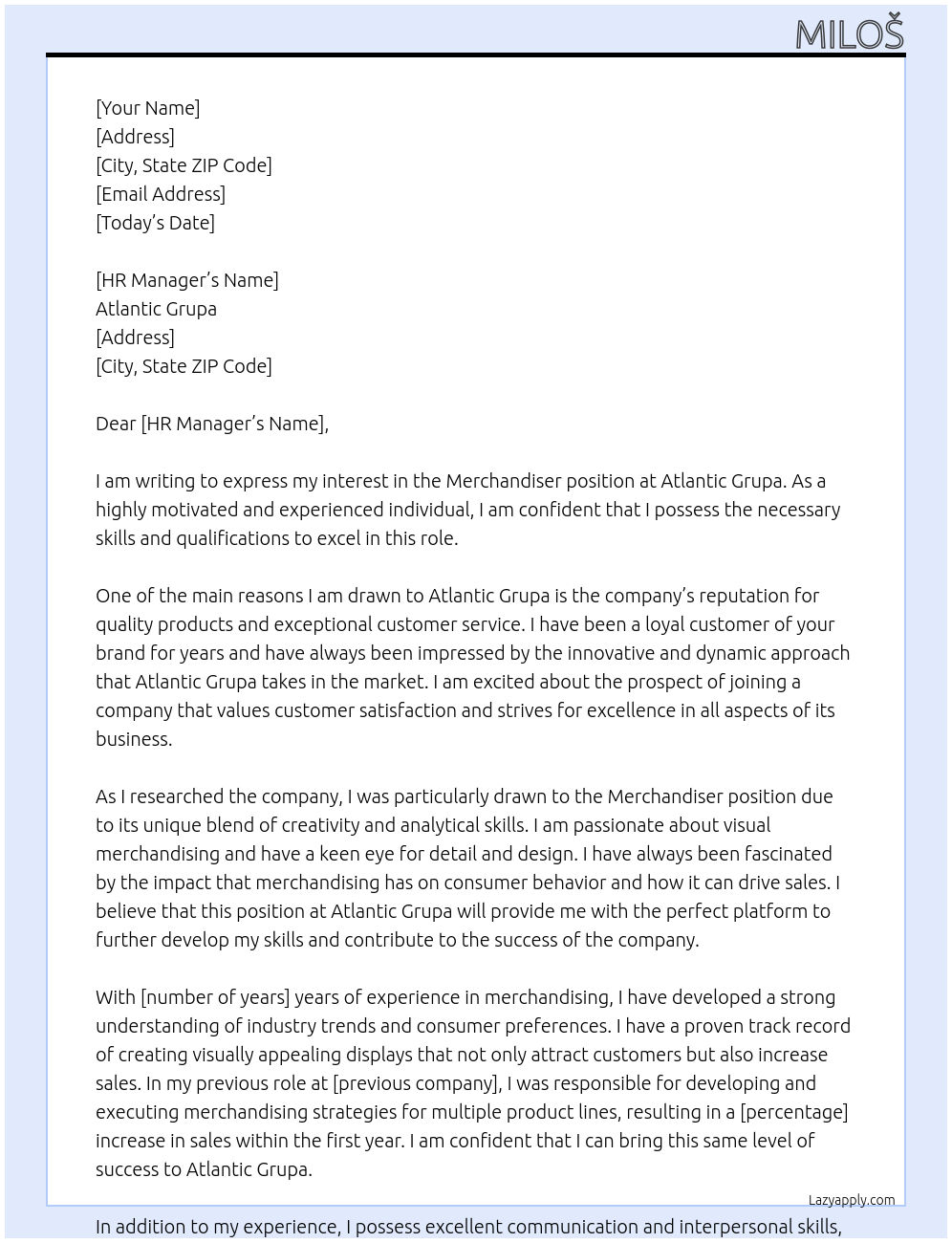 Merchandiser At Atlantic Grupa Cover Letter