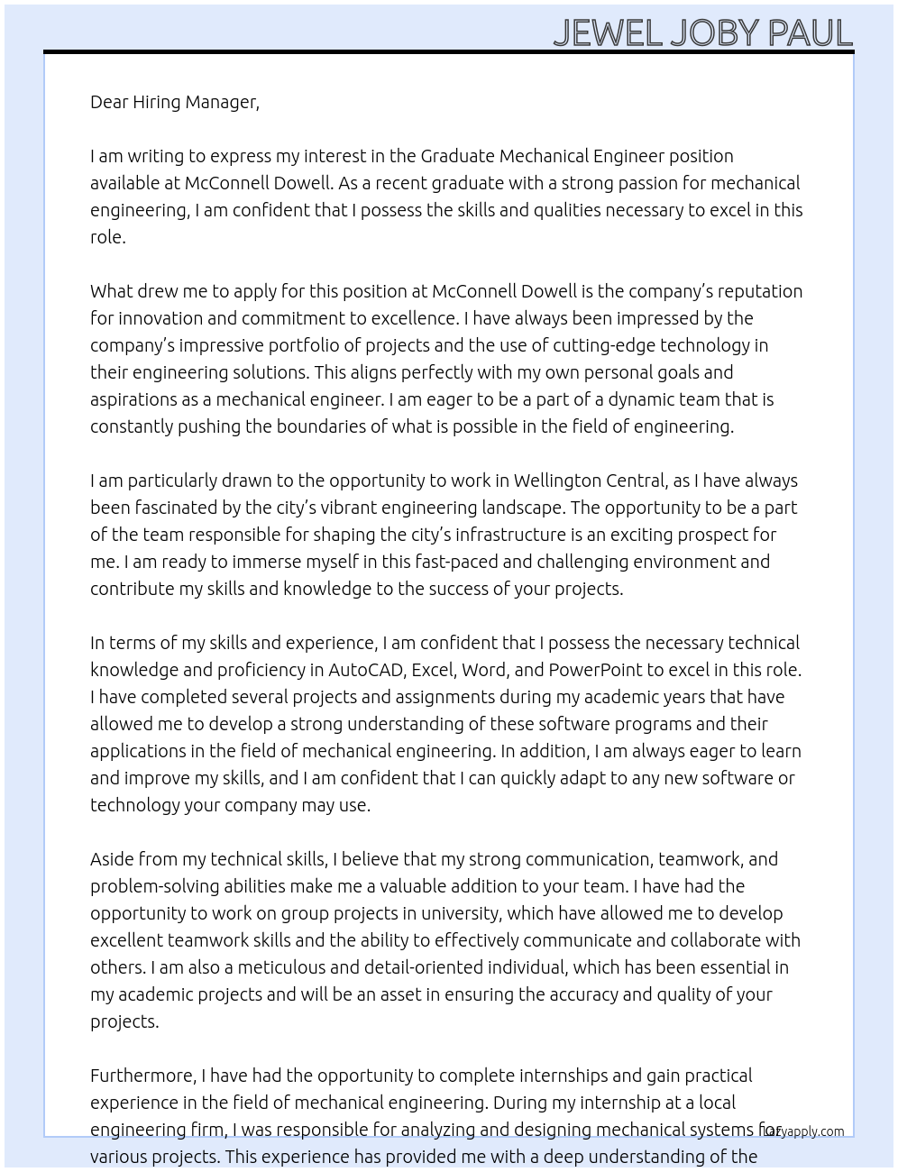 Graduate Mechanical Engineer At McConnell Dowell Cover Letter