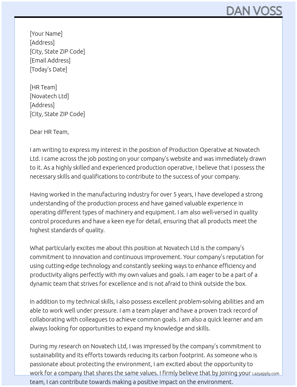 Production Operative At Novatech Ltd Cover Letter