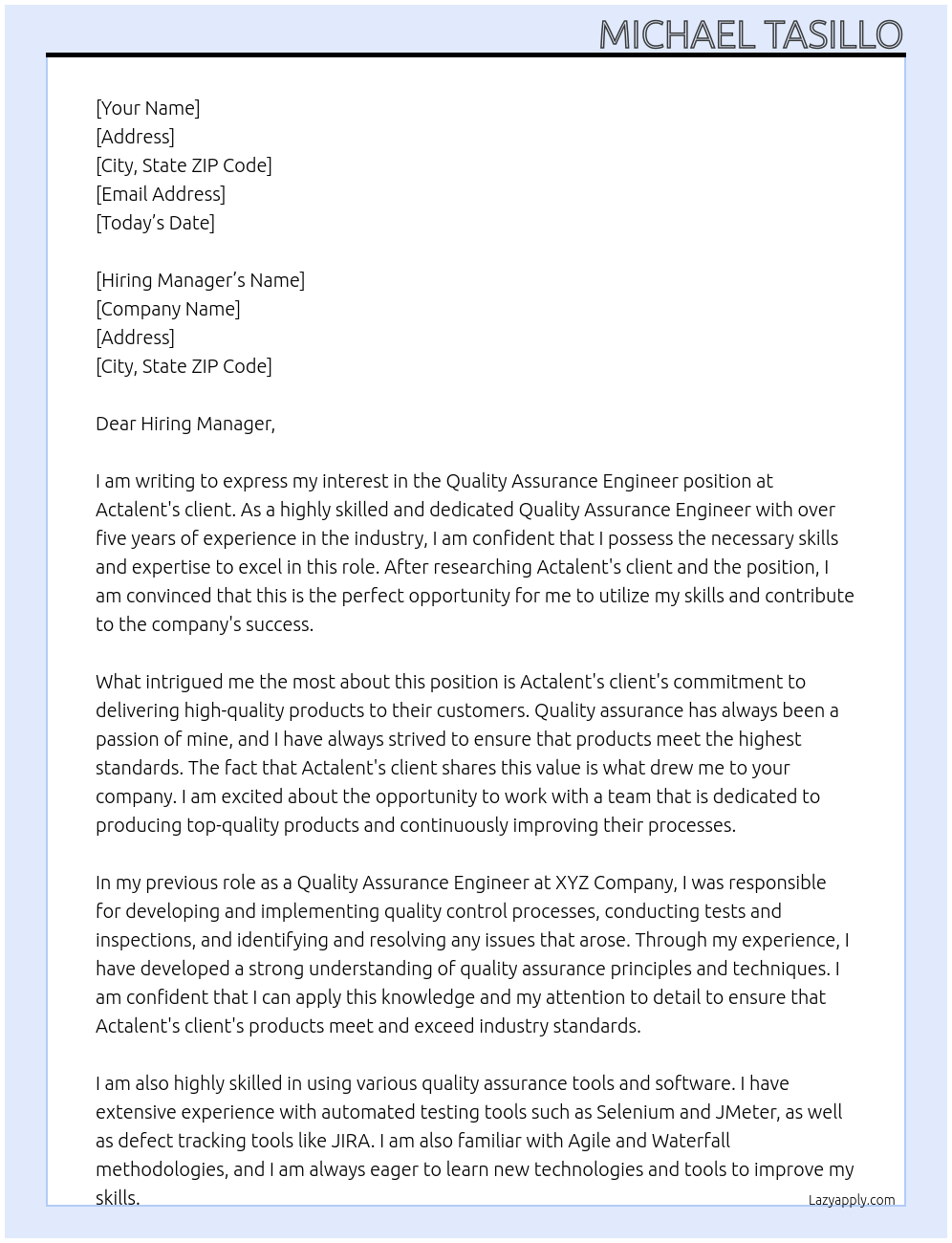 Quality Assurance Engineer At Actalent's client Cover Letter