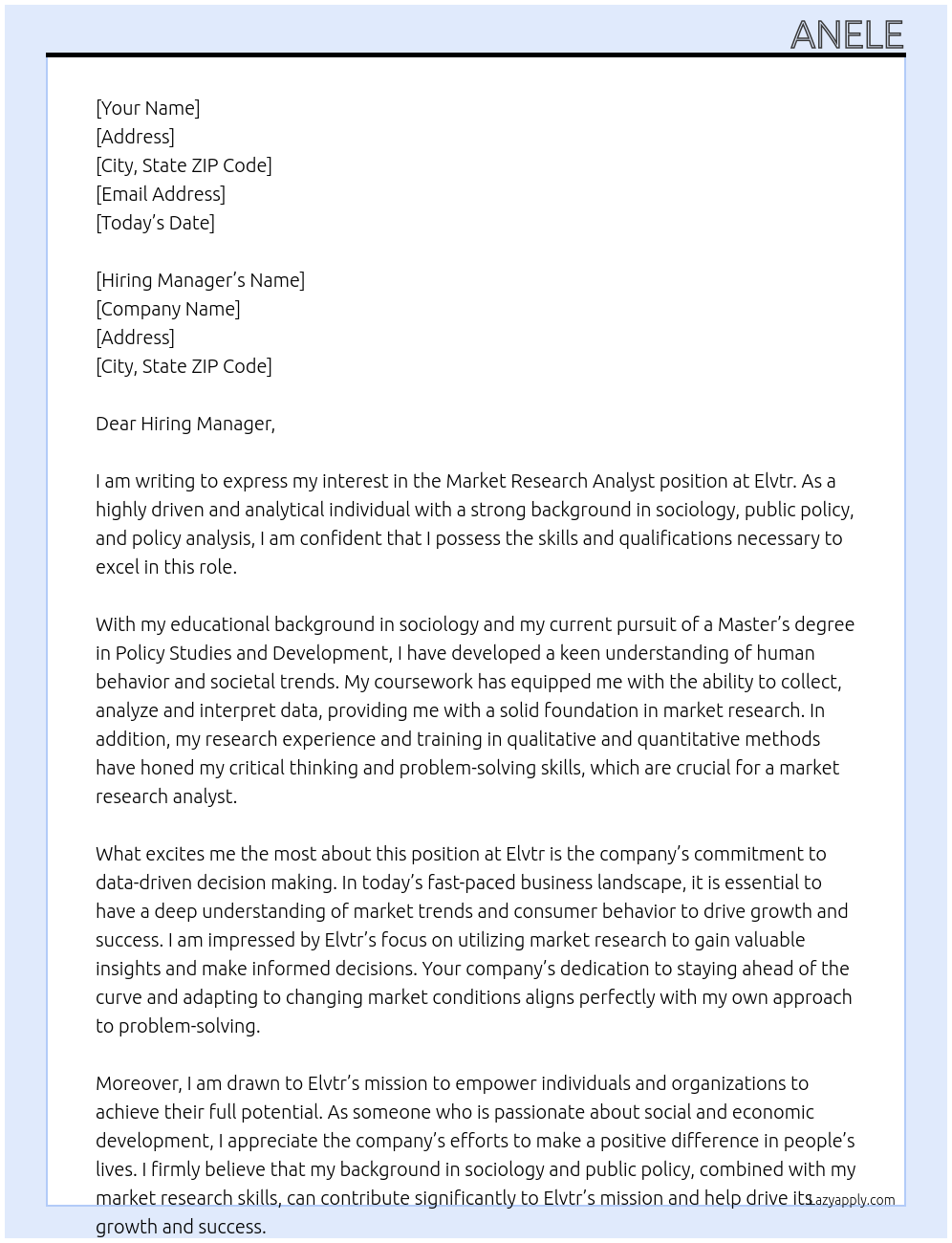 Market research analyst At Elvtr Cover Letter